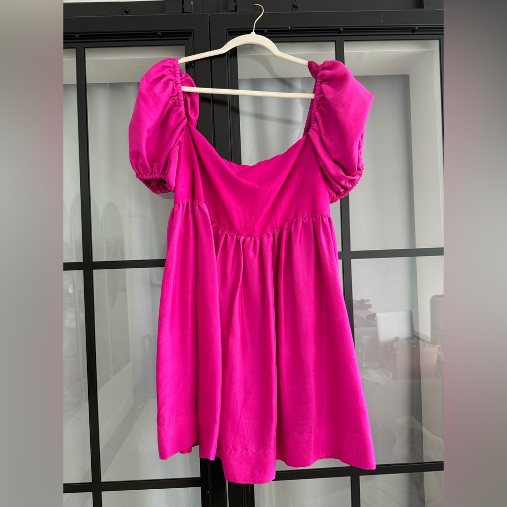 Azeeza Kam Silk Magenta Puff Sleeve Mini Dress Medium